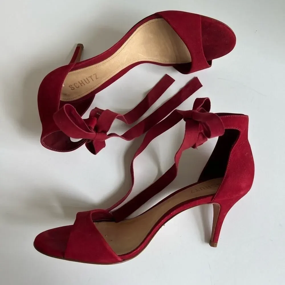 Anthropologie Schutz Tilan Red Suede Ankle Tie Stiletto Heels Women's Size 9